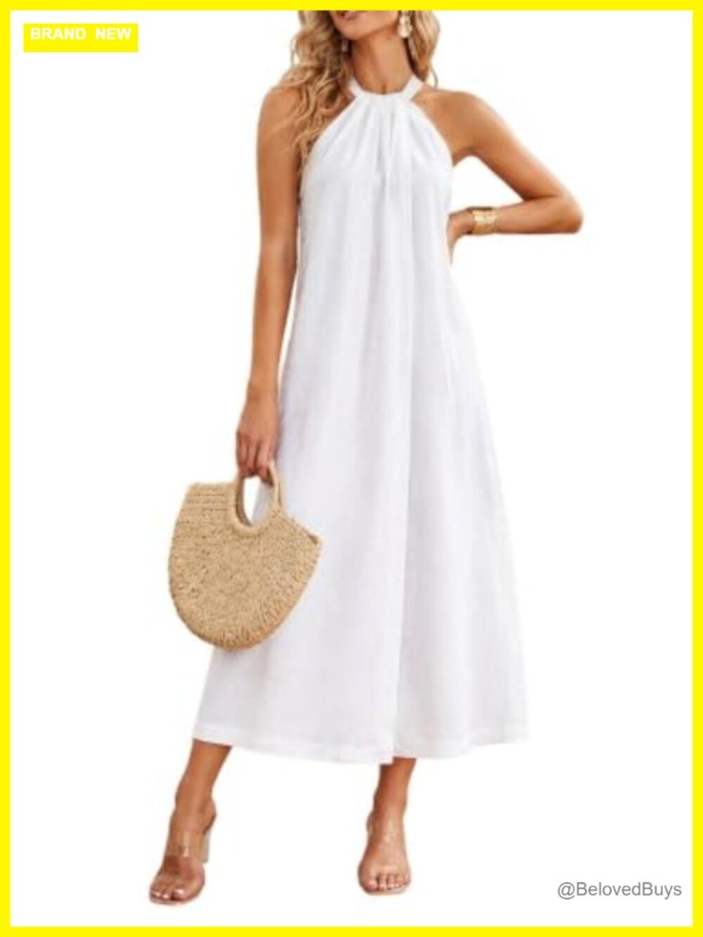 100% Linen Halter Midi Dress Sleeveless Summer Vacation Beach Casual